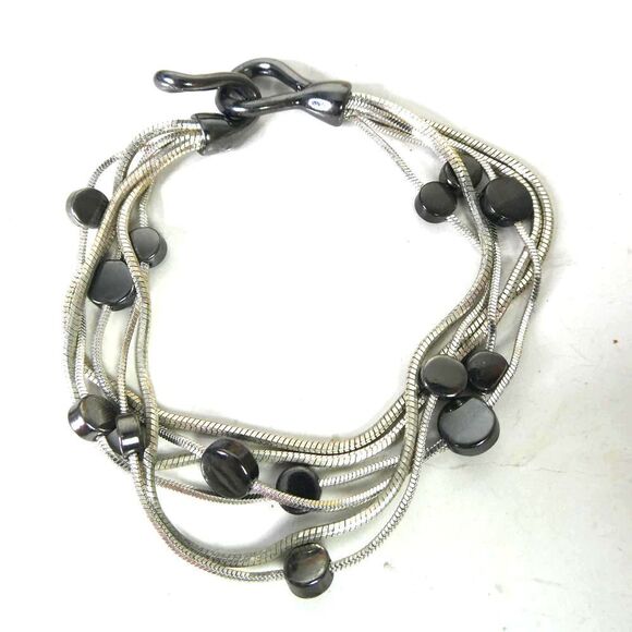 Silver Tone Rope Chain Multi Strand Hematite Disc Beaded Bracelet Hook Eye - Picture 1 of 7
